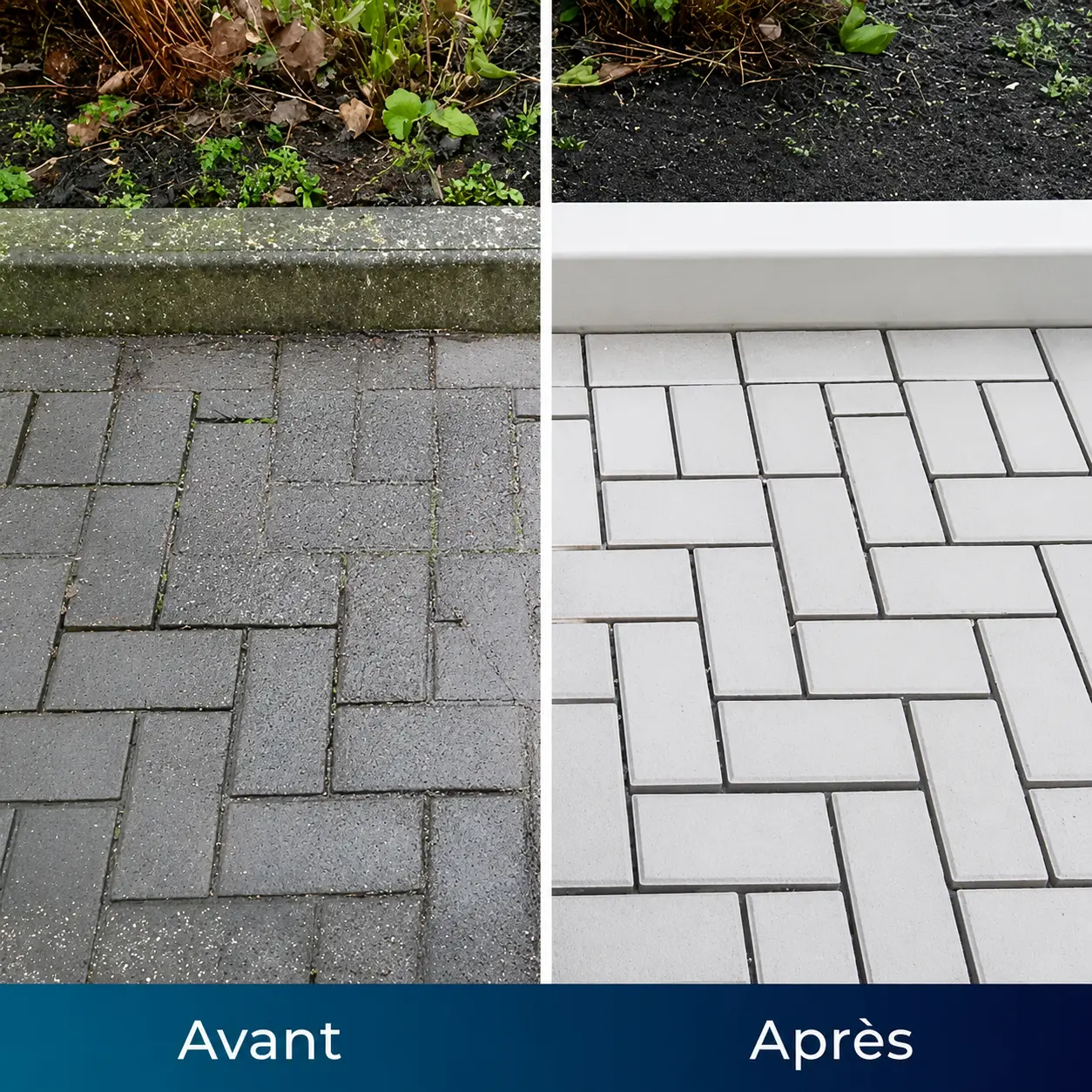 Terrasse en pavés avant et après nettoyage au TurboJet